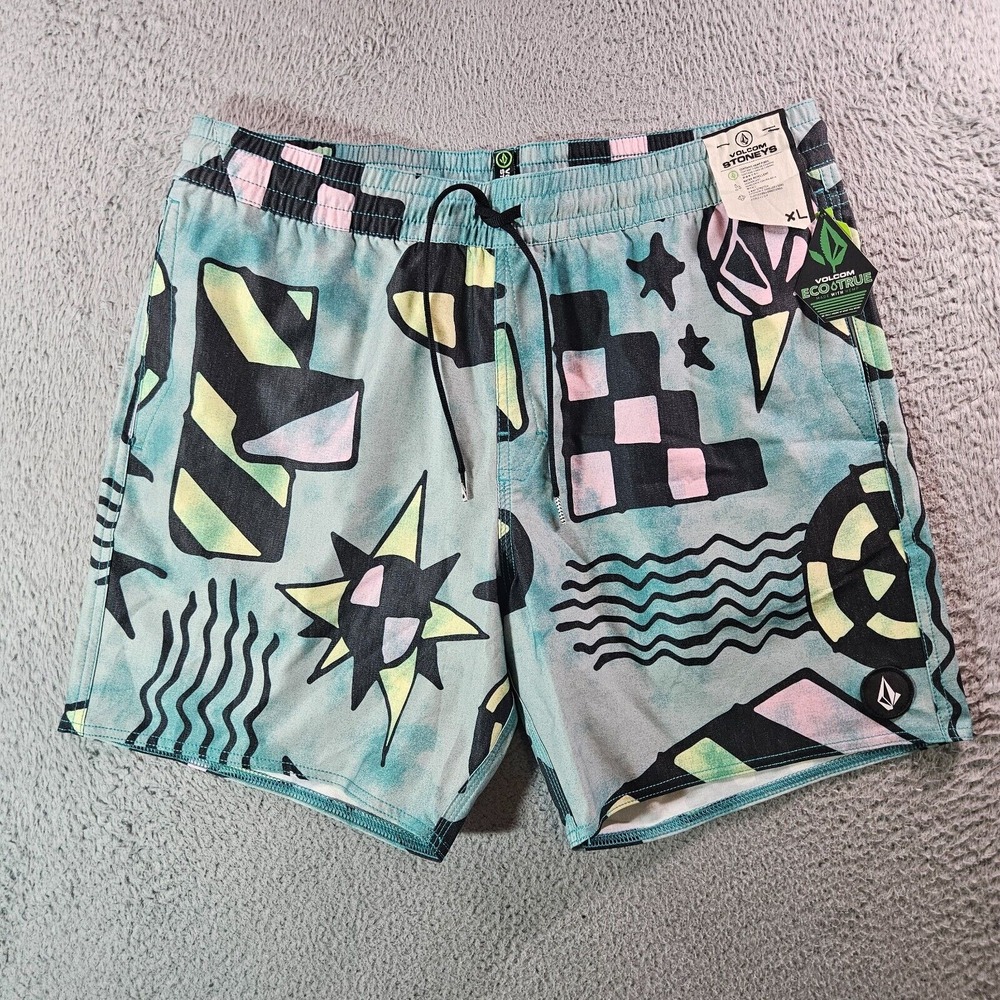 NWT Volcom Stoneys‎ Board Shorts Swim Trunks Men XL Geometric Green Black